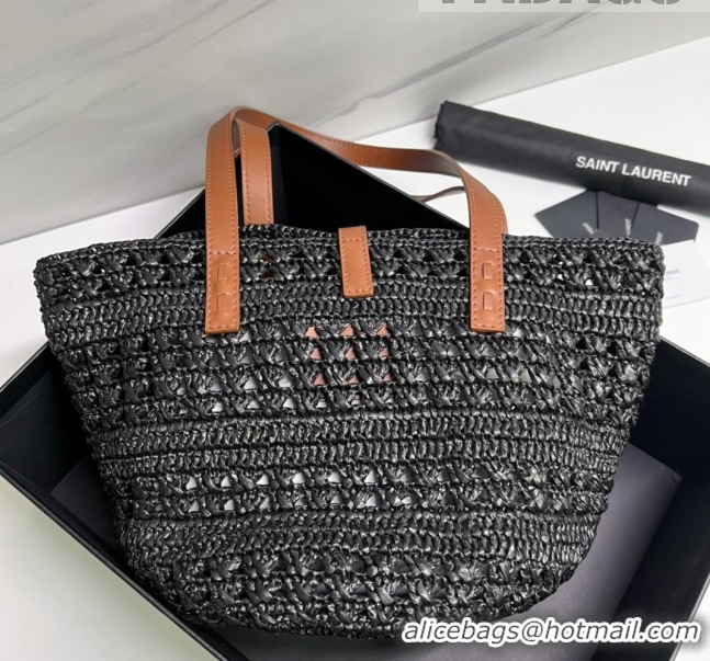 Shop Grade Saint Laurent Panier Small Tote Bag in Crochet Raffia and Smooth Leather 685618 Black 2022