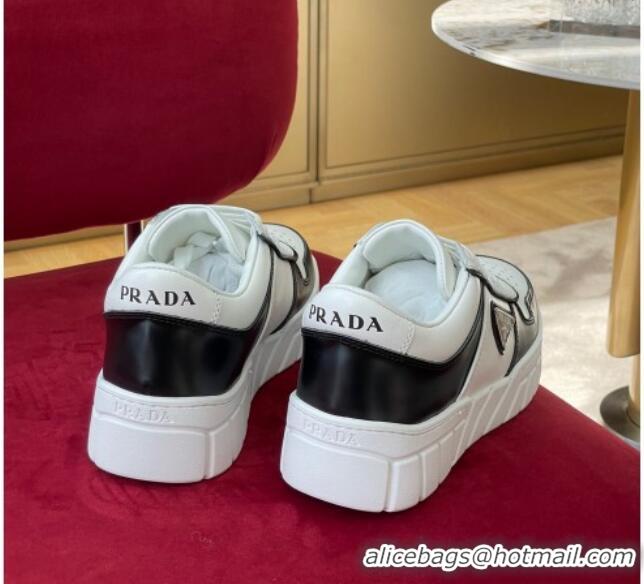 Sophisticated Prada Logo Leather Sneakers Black/White 070442