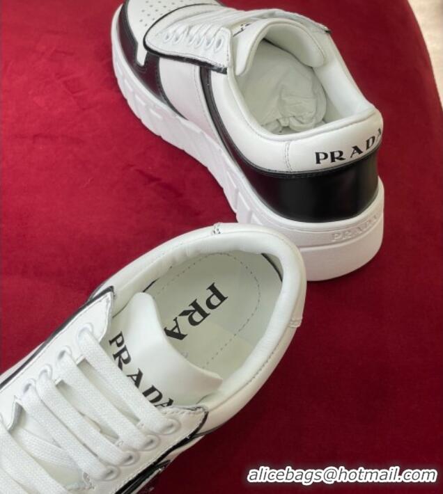 Sophisticated Prada Logo Leather Sneakers Black/White 070442