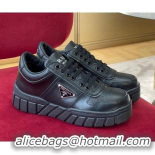 Hot Style Prada Logo Leather Sneakers Black 070443