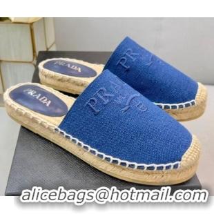 Prada Logo Linen Espadrille Mules Blue 071163