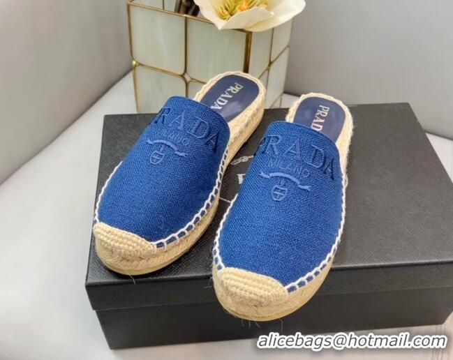 Prada Logo Linen Espadrille Mules Blue 071163