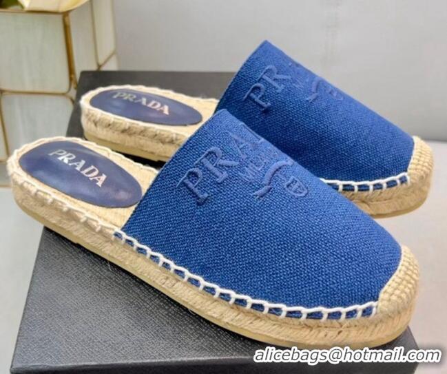 Prada Logo Linen Espadrille Mules Blue 071163