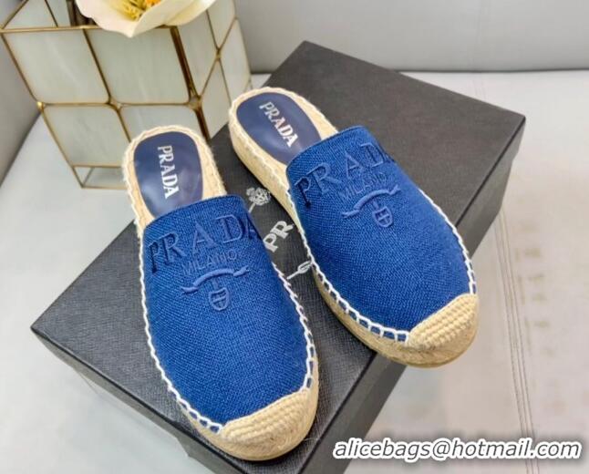 Prada Logo Linen Espadrille Mules Blue 071163