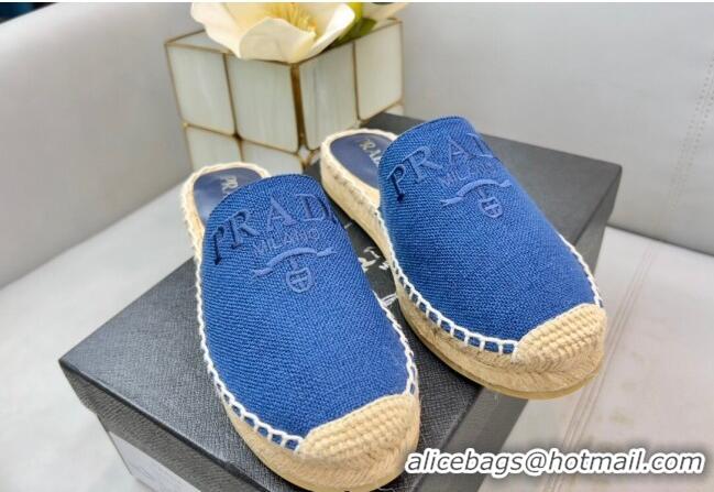 Prada Logo Linen Espadrille Mules Blue 071163