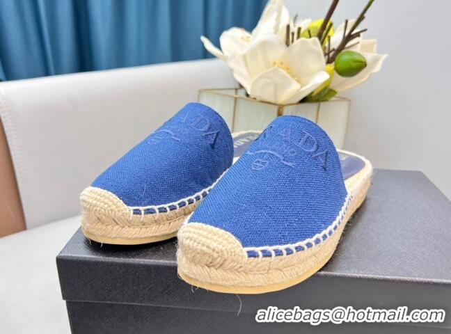 Prada Logo Linen Espadrille Mules Blue 071163