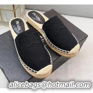 Top Grade Prada Logo Linen Espadrille Mules Black 071164