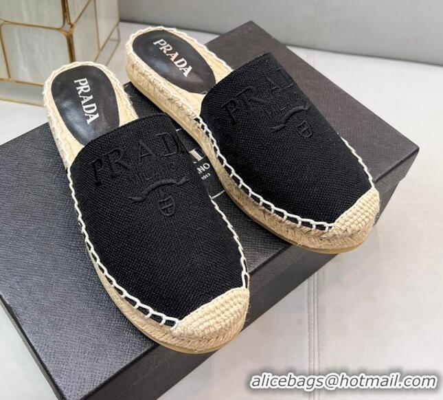 Top Grade Prada Logo Linen Espadrille Mules Black 071164