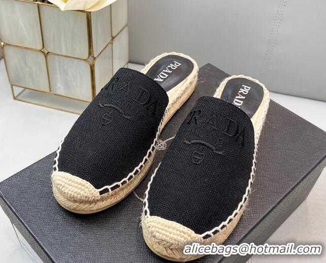 Top Grade Prada Logo Linen Espadrille Mules Black 071164