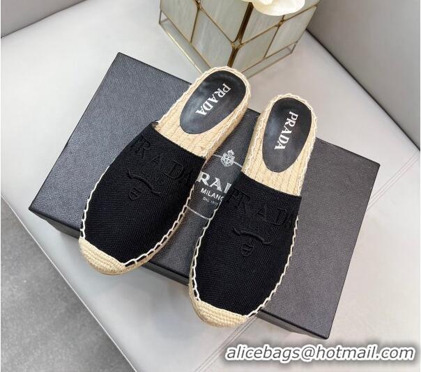 Top Grade Prada Logo Linen Espadrille Mules Black 071164