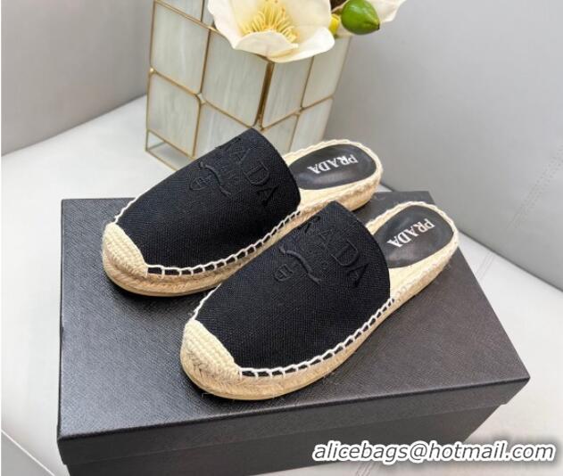 Top Grade Prada Logo Linen Espadrille Mules Black 071164