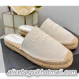 Luxury Prada Logo Linen Espadrille Mules White 071165