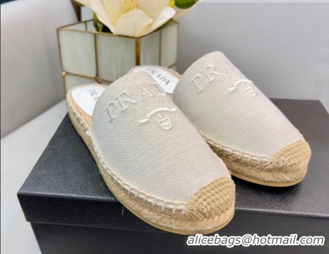 Luxury Prada Logo Linen Espadrille Mules White 071165