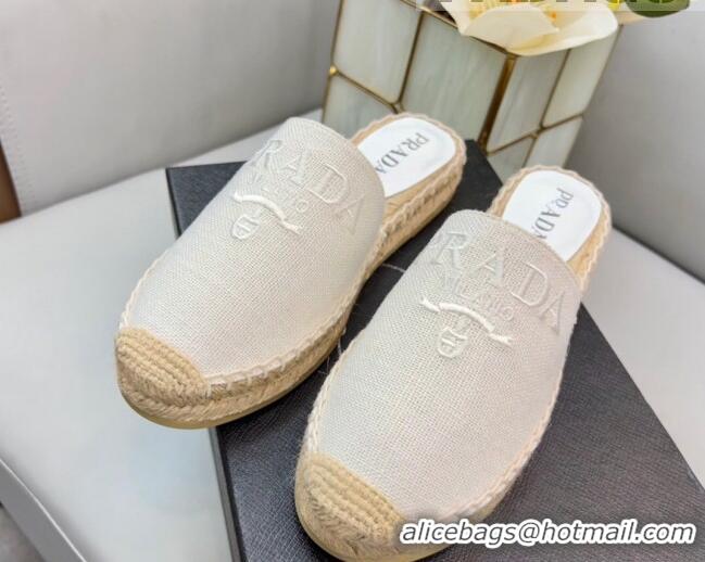 Luxury Prada Logo Linen Espadrille Mules White 071165