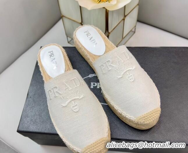 Luxury Prada Logo Linen Espadrille Mules White 071165