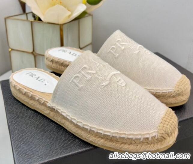 Luxury Prada Logo Linen Espadrille Mules White 071165