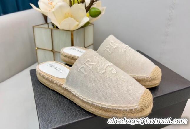 Luxury Prada Logo Linen Espadrille Mules White 071165