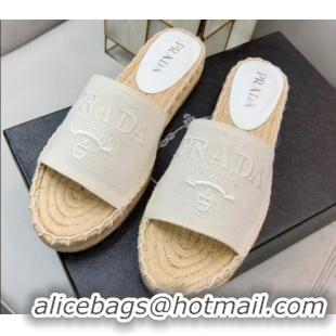 Feminine Prada Logo Linen Espadrille Slide Sandals White 071166