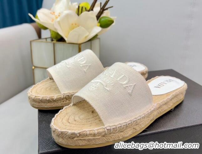 Feminine Prada Logo Linen Espadrille Slide Sandals White 071166