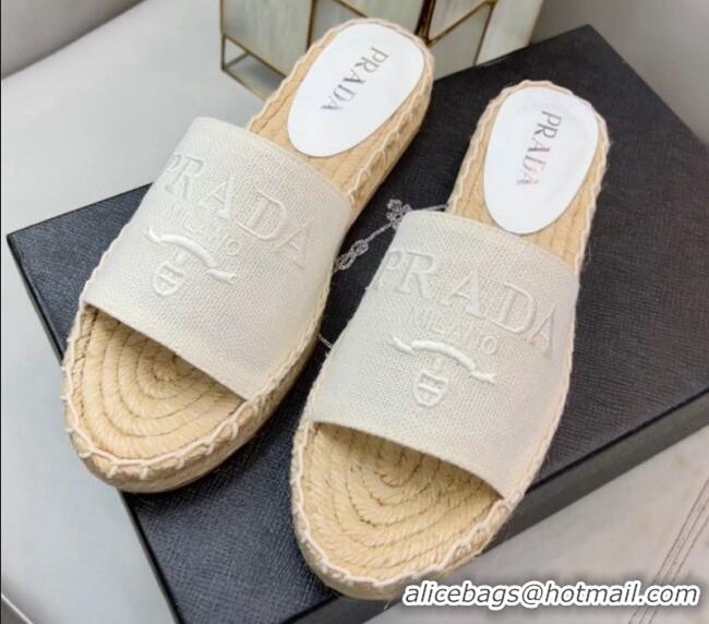 Feminine Prada Logo Linen Espadrille Slide Sandals White 071166