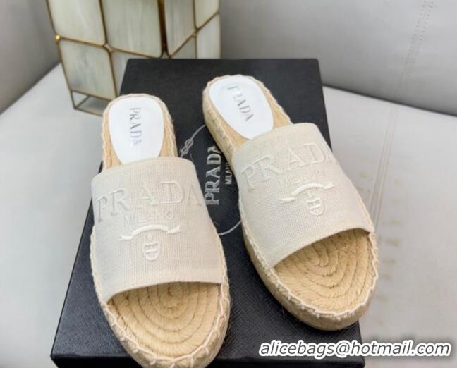 Feminine Prada Logo Linen Espadrille Slide Sandals White 071166