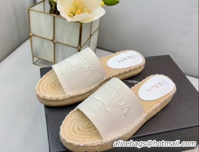 Feminine Prada Logo Linen Espadrille Slide Sandals White 071166