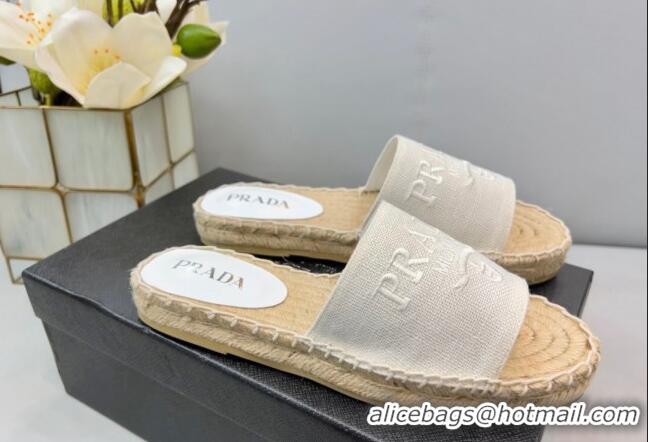 Feminine Prada Logo Linen Espadrille Slide Sandals White 071166