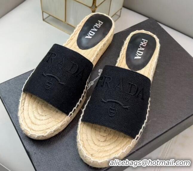 Purchase Prada Logo Linen Espadrille Slide Sandals Black 071167