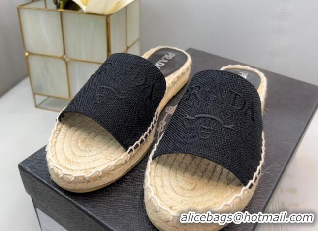 Purchase Prada Logo Linen Espadrille Slide Sandals Black 071167