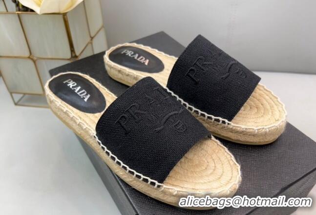 Purchase Prada Logo Linen Espadrille Slide Sandals Black 071167