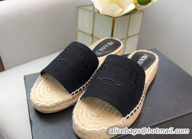 Purchase Prada Logo Linen Espadrille Slide Sandals Black 071167