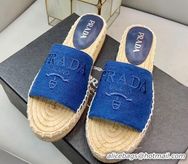 Duplicate Prada Logo Linen Espadrille Slide Sandals Blue 071168