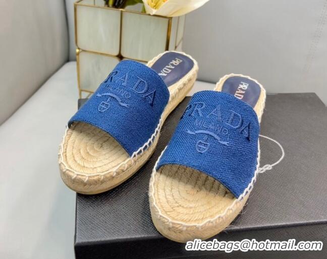 Duplicate Prada Logo Linen Espadrille Slide Sandals Blue 071168