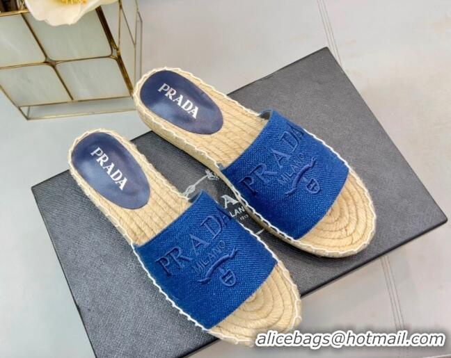 Duplicate Prada Logo Linen Espadrille Slide Sandals Blue 071168