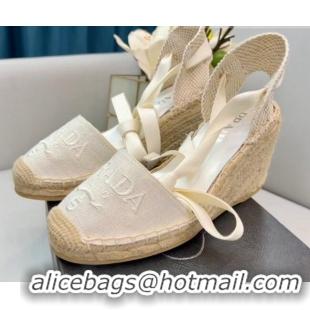 Good Looking Prada Logo Linen Wedge Pumps 8cm White 2022 071169