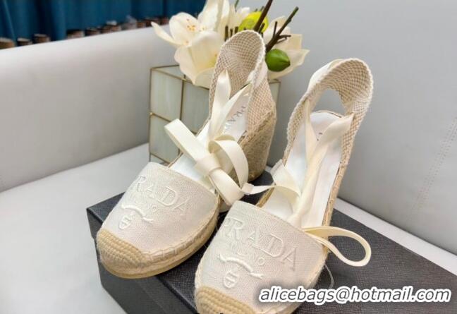 Good Looking Prada Logo Linen Wedge Pumps 8cm White 2022 071169