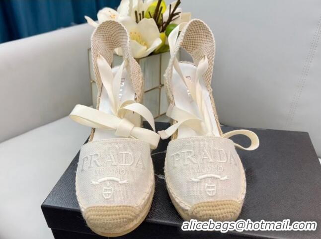 Good Looking Prada Logo Linen Wedge Pumps 8cm White 2022 071169