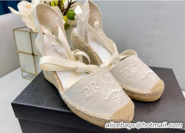 Good Looking Prada Logo Linen Wedge Pumps 8cm White 2022 071169