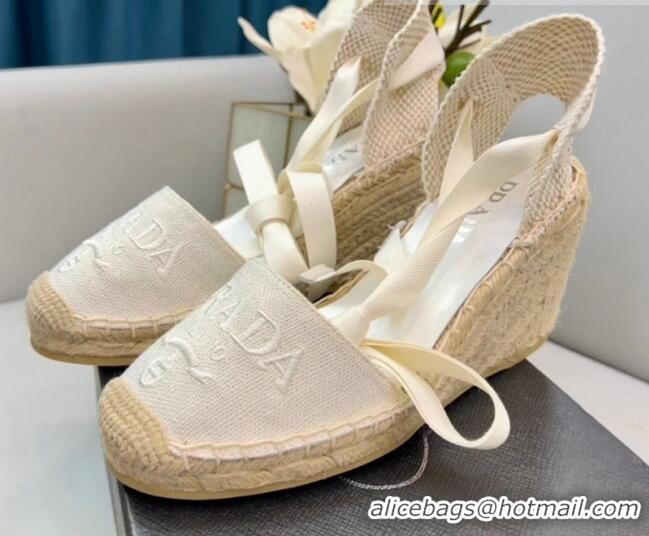 Good Looking Prada Logo Linen Wedge Pumps 8cm White 2022 071169