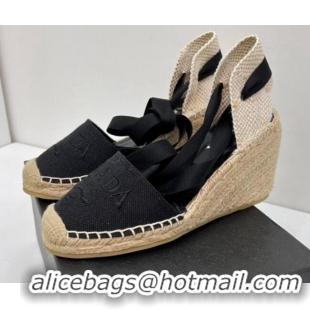 Stylish Prada Logo Linen Wedge Pumps 8cm Black 071170