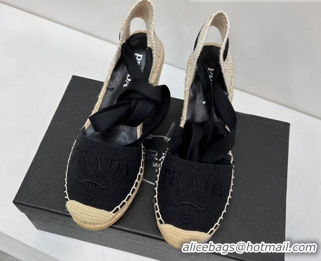 Stylish Prada Logo Linen Wedge Pumps 8cm Black 071170