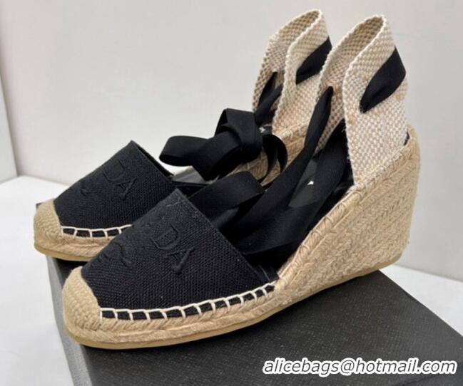 Stylish Prada Logo Linen Wedge Pumps 8cm Black 071170