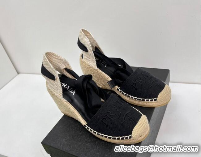 Stylish Prada Logo Linen Wedge Pumps 8cm Black 071170