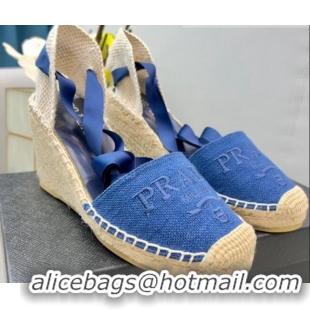 Perfect Prada Logo Linen Wedge Pumps 8cm Blue 071171