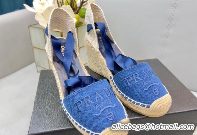 Perfect Prada Logo Linen Wedge Pumps 8cm Blue 071171