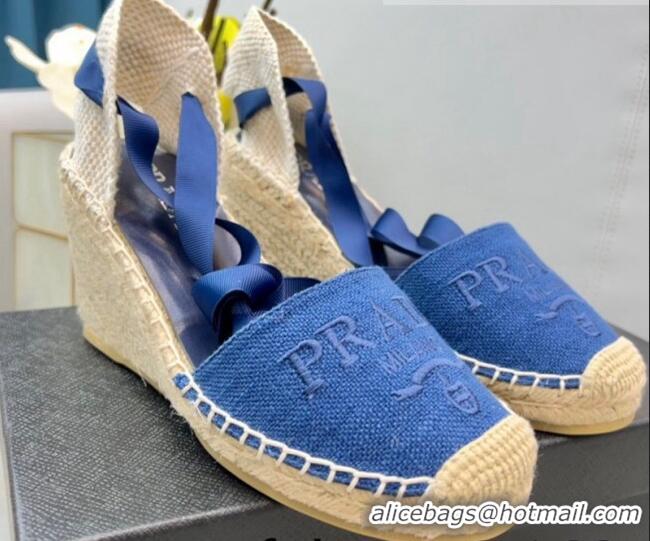 Perfect Prada Logo Linen Wedge Pumps 8cm Blue 071171