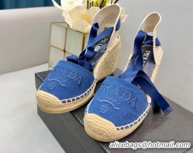 Perfect Prada Logo Linen Wedge Pumps 8cm Blue 071171