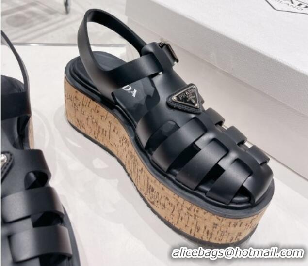 Top Design Prada Rubber Wedge Platform Sandals 1X853M Black