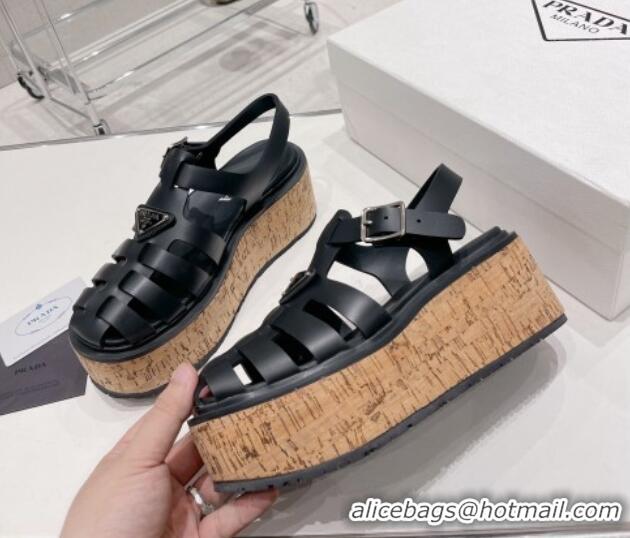 Top Design Prada Rubber Wedge Platform Sandals 1X853M Black