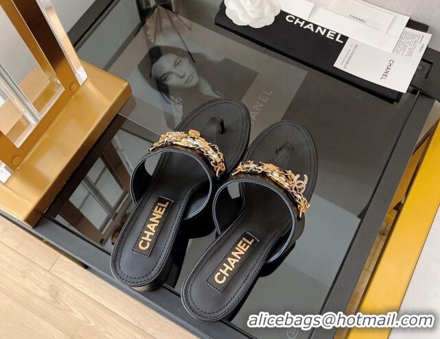 Sumptuous Chanel Lambskin Heel Thong Sandals 5cm with Chain Tassel Black 051935